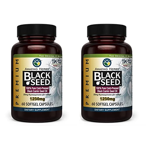 Premium Black Seed Oil Capsules - High Potency, Cold Pressed Nigella Sativa Aids in Digestive Health, Immune Support & Brain Function - 60 Count, 1250mg (Pack of 2)