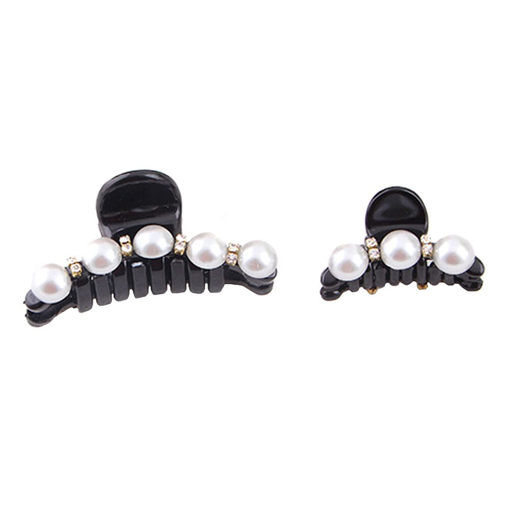 2 Pcs Man-Made Pearl Women Lady Girls Hair Black Clip Pin Claw Barrettes Accessories (1 Big + 1 Small)