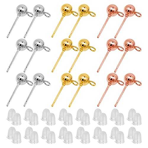 600Pcs Ball Post Earring Studs Set for Jewelry Making,300Pcs Earring Studs Ball Ear Pin Ball Post Earrings with Loop with 300Pcs Rubber Earring Back Replacements for DIY Jewelry Making Findings