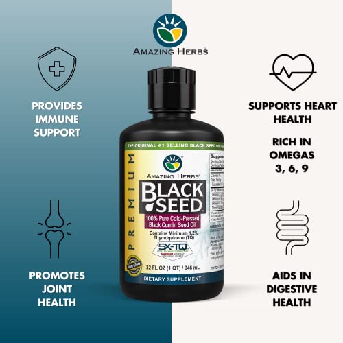 Premium Black Seed Oil - Cold Pressed Nigella Sativa Aids in Digestive Health, Immune Support, Brain Function, Joint Mobility, Gluten Free, Non GMO - 32 Fl Oz