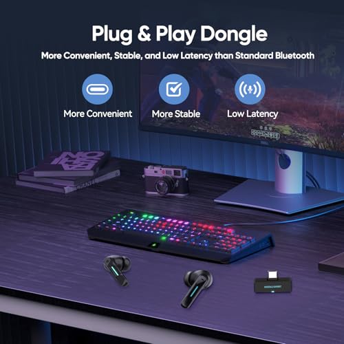 SW4 Wireless Gaming Earbuds for PC PS4 PS5 Switch Mobile - 2.4G Dongle & Bluetooth - 30ms Low Latency - Headphones with Built-in Microphone - 4 Mics- Headset