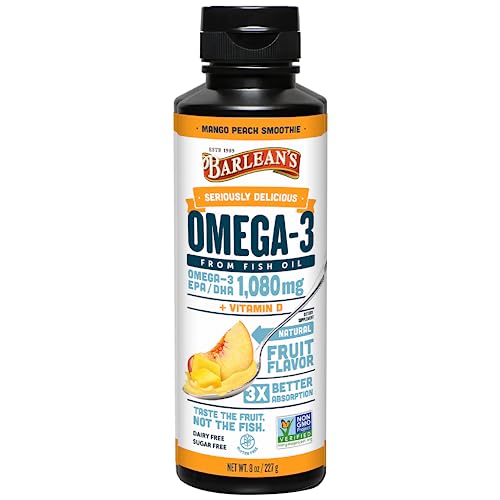 Mango Peach Omega 3 Fish Oil Liquid Supplement with Vitamin D, 1080mg EPA & DHA Fatty Acid, Smoothie Flavored & Burpless for Brain, Joint, & Heart Health, 8 oz