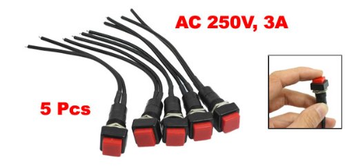 5Pcs 10mm Red Square Wired Horn NO Momentary Push Button Switch AC 250V 3A