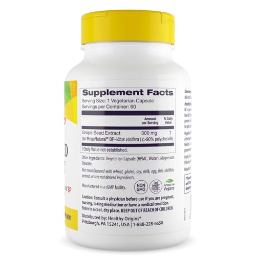 Grape Seed Extract 300 mg (MegaNatural BP, Non-GMO, California-Grown, Gluten Free, Supports Healthy Blood Pressure), 60 Veggie Caps