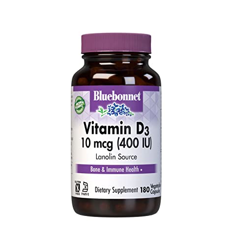 Nutrition Vitamin D3 400 IU Vegetable Capsule, Aids in Muscle and Skeletal Growth, Cholecalciferol from Lanolin, Non GMO, Gluten Free, Soy Free, Milk Free, Kosher, 180 Count