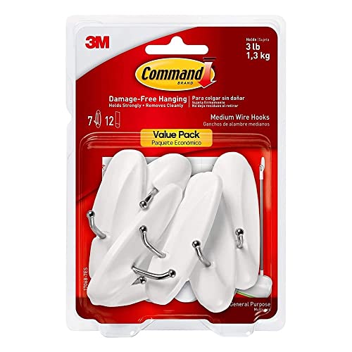 Medium Wire Hooks, Damage Free Hanging Wall Hooks with Adhesive Strips, No Tools Wall Hooks for Hanging Decorations in Living Spaces, 7 White Hooks and 12 Strips