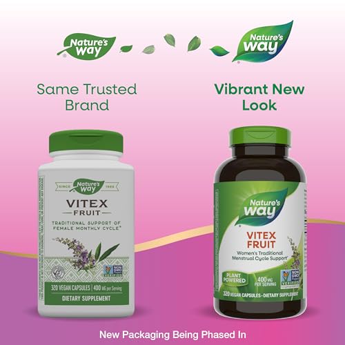 Nature's Way Vitex Fruit, Traditional Menstrual Cycle Support*, Traditional Women's Health Support*, Chasteberry, Vegan, 320 Capsules (Packaging May Vary)