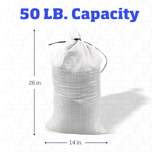 Heavy Duty Sand Bags with Tie Strings Empty Woven Polypropylene Sand-Bags for Flood Control with 1600 Hours of UV Protection, 50 lbs Capacity, 14x26 inches, White, Pack of 10