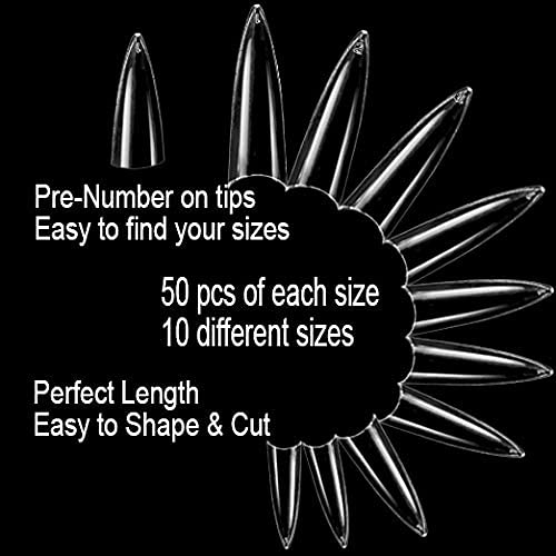 BE.YOU Beyou Clear Long Stiletto 500Pcs Artificial Fake Nail Tips, 10 Sizes 28512 For Nail Salon