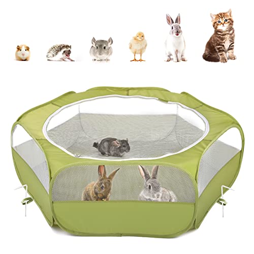 Small Animals Playpen, Waterproof Small Pet Cage Tent with Zippered Cover, Portable Outdoor Yard Fence with 3 Metal Rod for Chick/Kitten/Puppy/Guinea Pig/Rabbits/Hamster/Chinchillas,Green