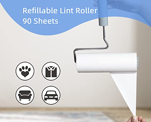 Extreme Sticky Large Surface Lint Roller, Long Handle Pet Hair Remover, Designed for Removing Pet Dog Cat Hair 90 Sheets per Roll, 6.3 inch Width (1 Roller+2 Refills)