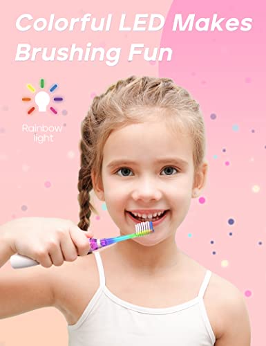 Kids Electric Toothbrush with 2 Mins Brushing Timer and 4 Replacement Bursh Heads,Rainbow LED Light Make Brushing Fun, Pink Color Girls Battery Powerd Toothbrush for 4-12 Years Old