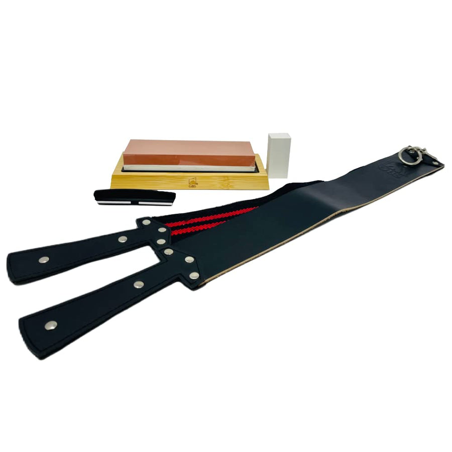 Premium Whetstone Blade Sharpening Stone and Leather Strop, Black with Red Strip