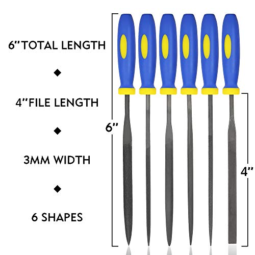 Mini Needle File Set (Carbon Steel 6 Piece-Set) Hardened Alloy Strength Steel - Set Includes Flat, Flat Warding, Square, Triangular, Round, and Half-Round File(6'' Total Length)