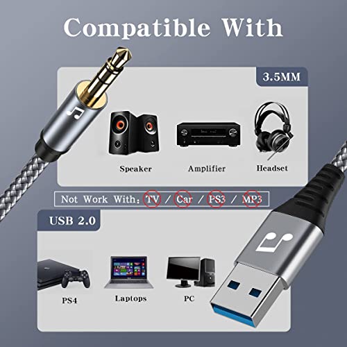 6 FT USB to 3.5mm Audio Jack Adapter,USB 2.0 to 3.5mm AUX Stereo Audio Cord,Compatibility with Laptop, Speaker, Support Windows,Not Applicable to Charging and MP3, Truck, TV USB Ports (6FT, Grey)