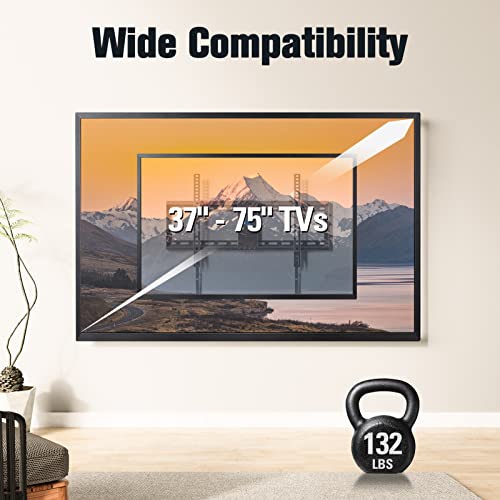 UL Listed TV Mount for Most 37-75 Inch TV, Universal Tilt TV Wall Mount Fit 16, 18, 24 Stud with Loading Capacity 132lbs, Max Vesa 600 x 400mm, Low Profile Flat Wall Mount Bracket