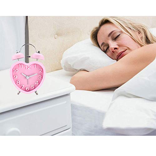 3in 3D Dial Loud Twin Bell Alarm Clock Silent Analog Quartz Nightlight Clock Heart Shape Pink