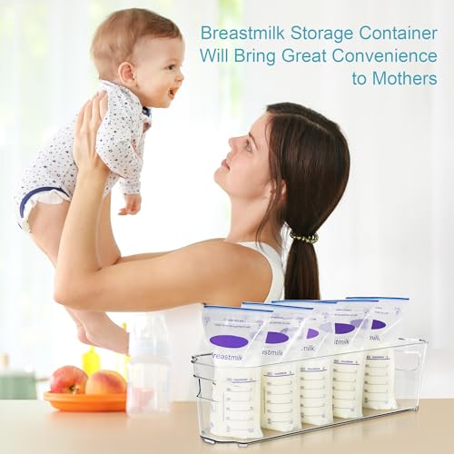 Breastmilk Storage Container 4PCS Set, Clear Freezer and Fridge Organizer Bins, Plastic Storage Bins for Breast Milk, Baby Pouches, Formula, Bottles and Yogurts, 4.3’’ Width, 14.7 Long