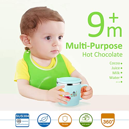 Kids Baby Toddler Cups Mug Sippy Learning Trainer Cup for Milk Coffee Hot Chocolate Stainless Steel Trainer Straw Cup with Lid, Lion, 7oz/Peacock blue
