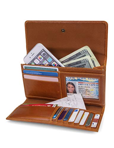Women's Leather RFID Flap Wallet Clutch Organizer, Cognac (Buff Apache), One Size