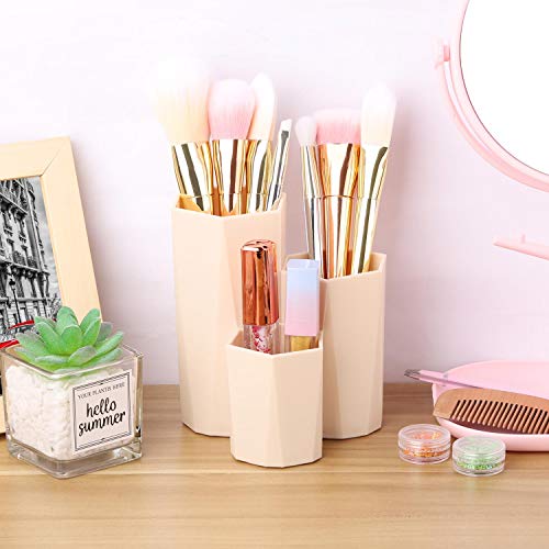 Plastic Makeup Brush Holder Organizer, 3 Slot Cosmetics Storage Makeup Brushes Cup on Vanity, Desk,Bathroom Countertops(Khaki)