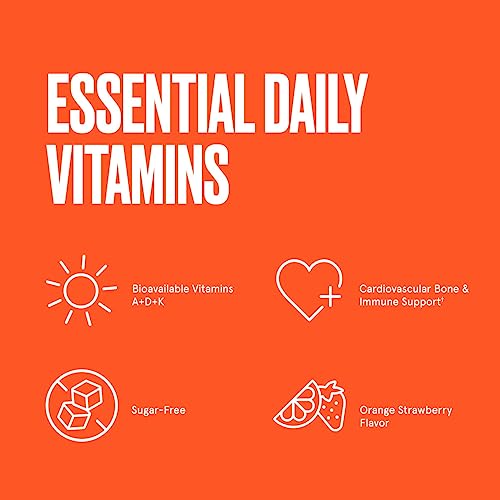 Sugar-Free Orange Strawberry Vitamins A+D+K Gummies, 60 Count, Keto Supplement for Heart, Bone and Immune Support, New and Improved Formula and Texture, Packaging May Vary