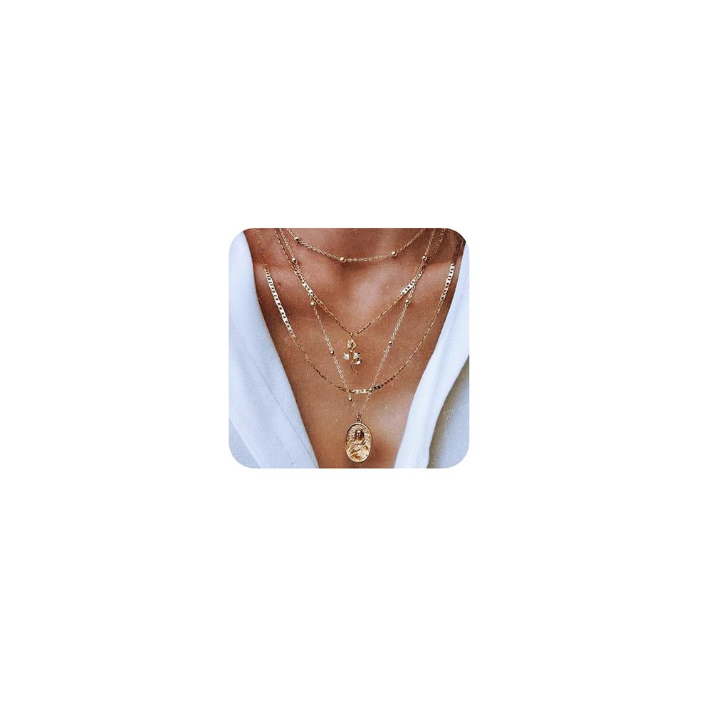Dainty 4 Layered Cross Pendant Choker Necklaces Coin Multilayer Adjustable Layering Chain Gold Plated Necklaces Set for Women