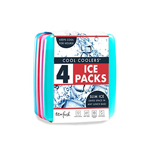 Cool Coolers 4 Pack Slim Ice Packs, Quick Freeze Space Saving Reusable Ice Packs for Lunch Boxes or Coolers, Multi Colored