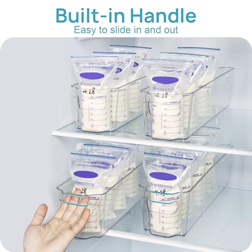 Breastmilk Storage Container 4PCS Set, Clear Freezer and Fridge Organizer Bins, Plastic Storage Bins for Breast Milk, Baby Pouches, Formula, Bottles and Yogurts, 4.3’’ Width, 14.7 Long