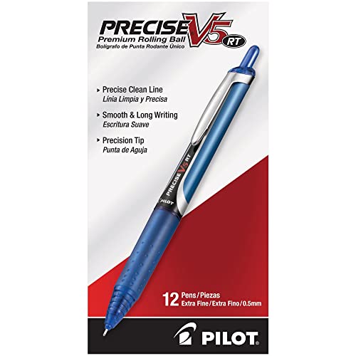, Precise V5 RT Refillable & Retractable Rolling Ball Pens, Extra Fine Point 0.5 mm, Blue, Pack of 12