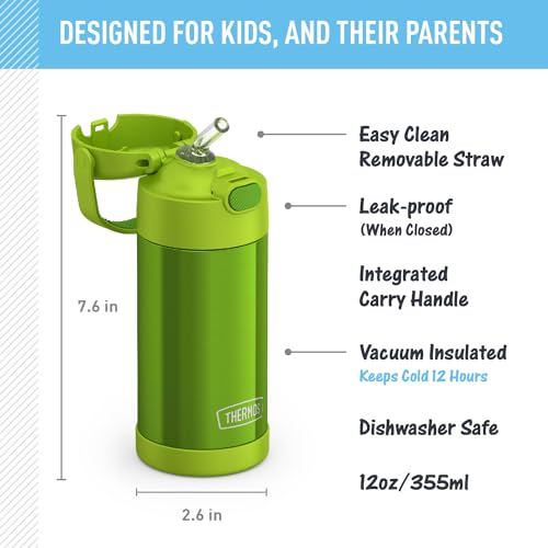 FUNTAINER Water Bottle with Straw - 12 Ounce, Lime - Kids Stainless Steel Vacuum Insulated Water Bottle with Lid