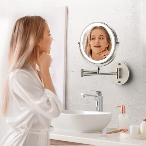 Rechargeable Wall Mounted Lighted Makeup Mirror, 8 Inch Double-Sided LED Vanity Mirror 1X/10X Magnification,3 Color Lights Touch Screen Dimmable 360°Swivel 13 Inch Extendable (Nickel, 10X)