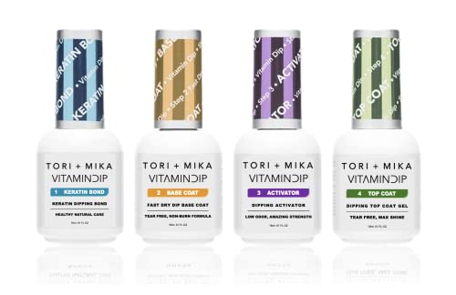 Tori Mika Dip Powder Nail Liquid Set - Bond Gel Base Activator Gel Top Set 4 (Step 1-4) 18ml - NO LED UV/LAMP Needed, Color French Pink White Nail Dipping Powder DIY Professional Home Salon