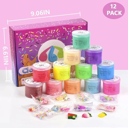 12 Pack Cloud Christmas Slime Kit, with Peach Rainbow Cake Watermelon Grapes Slimes Charms, Fluffy Slime for Girls and Boys, Stress Relief Toy for Kids Education, Party Favor, Gift and Birthday