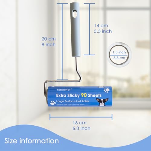 Extreme Sticky Large Surface Lint Roller, Long Handle Pet Hair Remover, Designed for Removing Pet Dog Cat Hair 90 Sheets per Roll, 6.3 inch Width (1 Roller+2 Refills)