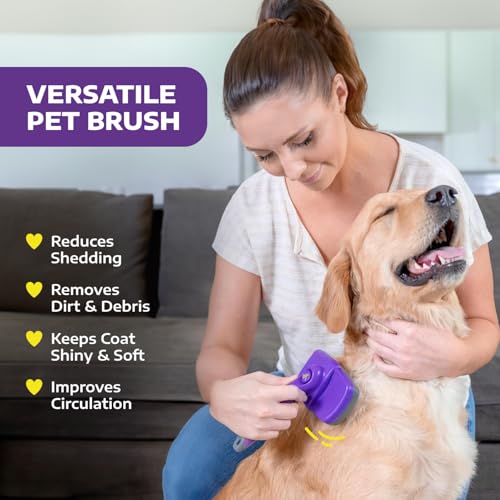 Self Cleaning Slicker Brush for Dogs and Cats - Pet Hair Brush for Shedding Long and Short Hair - Easy Clean Retractable Bristles - Cat and Dog Grooming Tool - Purple