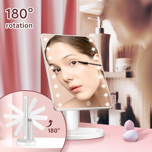 Lighted Vanity Makeup Mirror with 16 Led Lights 180 Degree Rotation Touch Screen Adjusted Brightness Battery USB Dual Supply Bathroom Beauty Mirror (White)