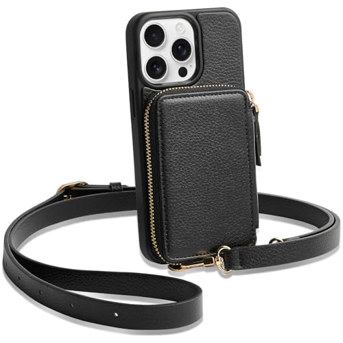 for iPhone 13 Pro Max Crossbody Wallet Case, Card Holder Phone Case for Women, Zipper Leather Purse with Wrist Strap, RFID Blocking Cover for iPhone 13 Pro Max (6.7 inch, 2021)- Black
