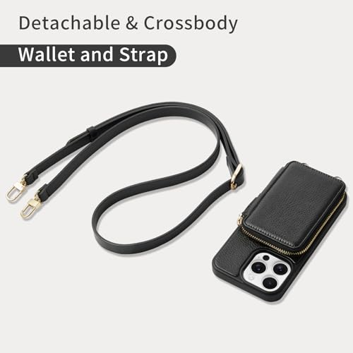 for iPhone 13 Pro Max Crossbody Wallet Case, Card Holder Phone Case for Women, Zipper Leather Purse with Wrist Strap, RFID Blocking Cover for iPhone 13 Pro Max (6.7 inch, 2021)- Black