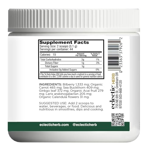 Eclectic Herb - Eye Food Powder | Vision Support, Superfood Vitamin and Mineral Supplement | Supports Eye Health | Bilberry + Gingko | Freeze Dried, Organic, Vegan, Non-GMO (4.9 oz | 138 g)
