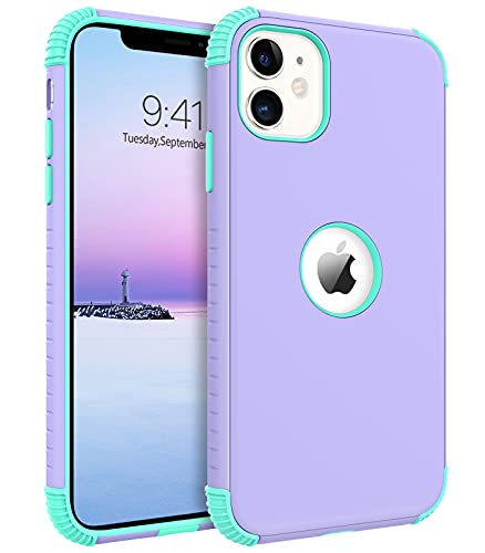 for iPhone 11 Phone Case, Heavy Duty 2 in 1 Full Body Rugged Shockproof Protection Hybrid Hard PC Bumper Drop Protective Girls Women Boy Men, Purple/Mint