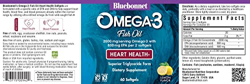 Bluebonnet Nutrition Omega-3 Heart Formula Natural Wild Caught Triglyceride Form DHA 600 mg EPA 800 mg - Highly Concentrated Heart Health Support Supplement - Gluten-Free - 60 Softgel