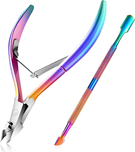 Cuticle Trimmer with Cuticle Pusher, Cuticle Remover Professional Stainless Steel Cuticle Cutter Nippers Rainbow Sharp Sturdy Pedicure Manicure Tools for Fingernails and Toenails 1