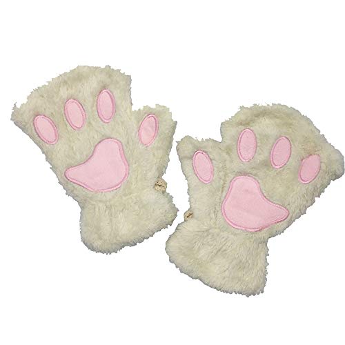 Cat Claw Bear Paw Fingerless Winter Plush Gloves 1Pair (White)