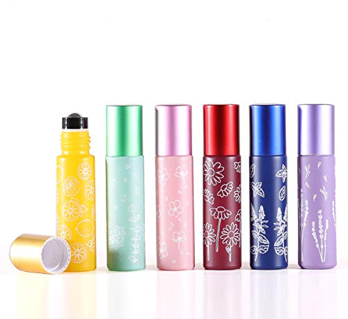 6 Pcs 10ml Glass Roll On Bottle,6 Colour Flower Type Matte Essential Oil Roller Bottle With Metal Roller Balls Perfume Travel Roll-On Vial with Aluminum Lids-Funnel&Pipette Include