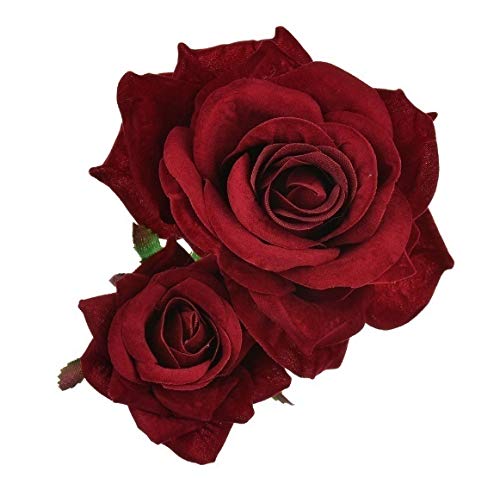 Ladies Handmade Flannel Elegant Pink Red Rose Hairpin Hair Clips Bridesmaid Head Piece Bridal Flower Hiar Clip Valentine's Day Gift (WINE RED)
