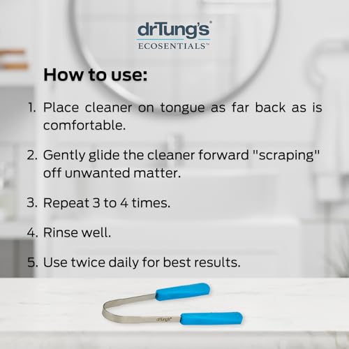 DrTung’s Stainless Tongue Scraper - Tongue Cleaner for Adults, Kids, Helps Freshens Breath, Easy to Use Comfort Grip Handle, Comes with Fabric Travel Pouch - Stainless Steel Tongue Scrapers, (1 Count)