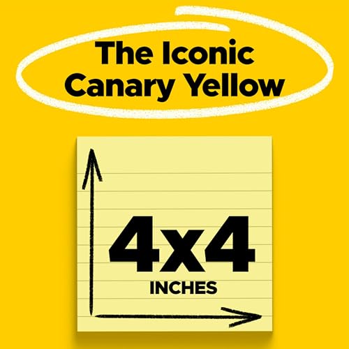 Super Sticky Lined Notes, 6 Sticky Note Pads, 4 x 4 in., School Supplies, Office Products, Sticky Notes for Vertical Surfaces, Monitors, Walls and Windows, Canary Yellow
