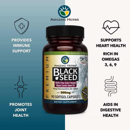 Premium Black Seed Oil Capsules - Cold Pressed Nigella Sativa Aids in Digestive Health, Immune Support, Brain Function, Gluten Free, Non GMO - 90 Count, 500mg