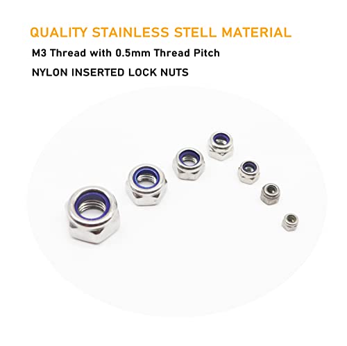 100Pcs M3 x 0.5mm Lock Nuts, 304 Stainless Steel Self-Lock Nylon Inserted 3mm Lock Nuts, M3 Nylock Nuts, 3mm Locking Nuts for RC Model, 3D Printer